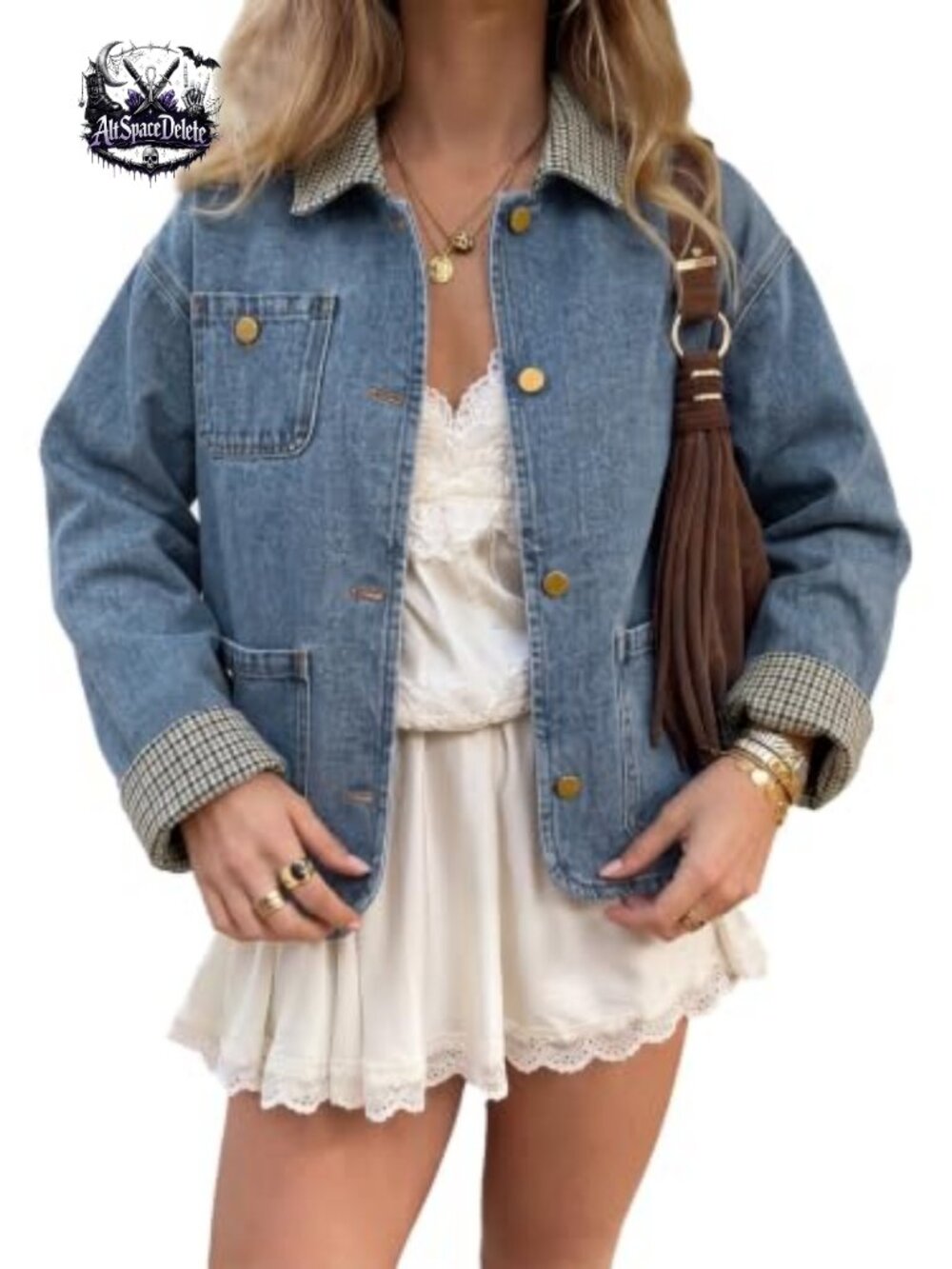 Womens Cropped Denim Jacket Button Down Jean Coat Plaid Trim